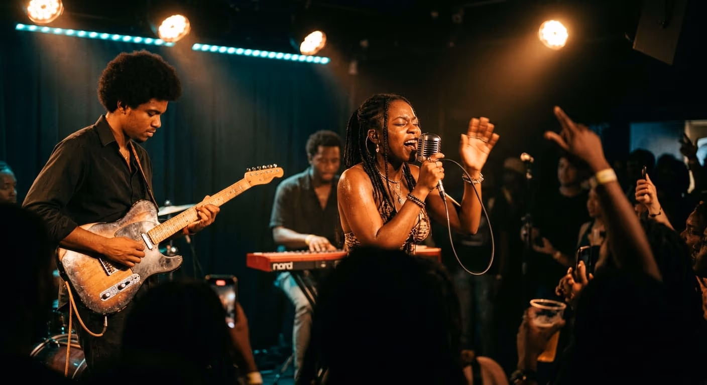 Audience reaching toward the stage at a live concert